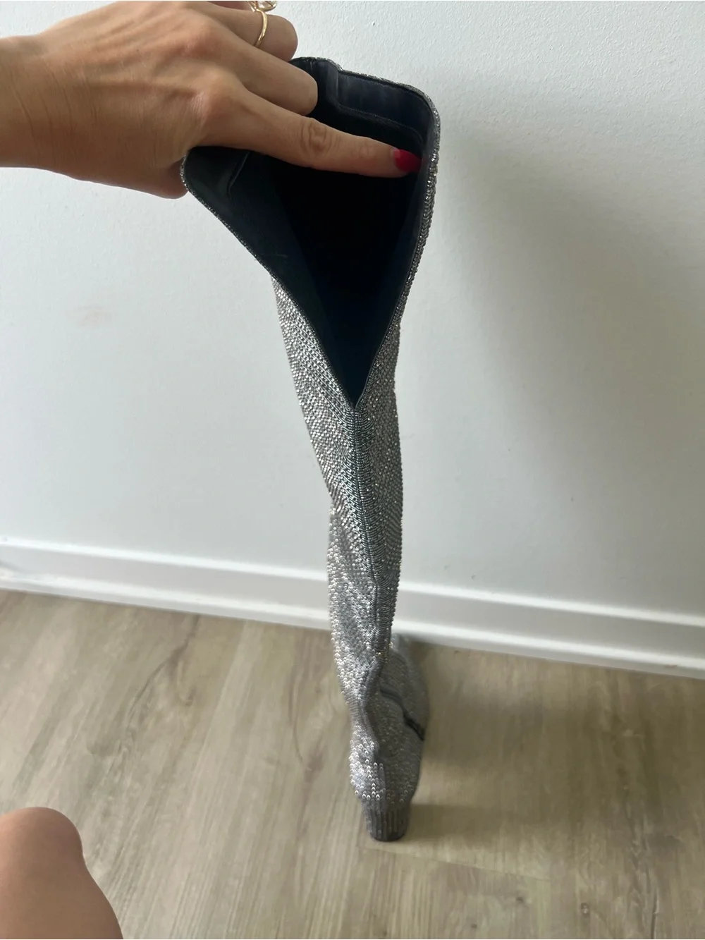 Silver Rhinestone Over-the-Knee Block Heel Boots